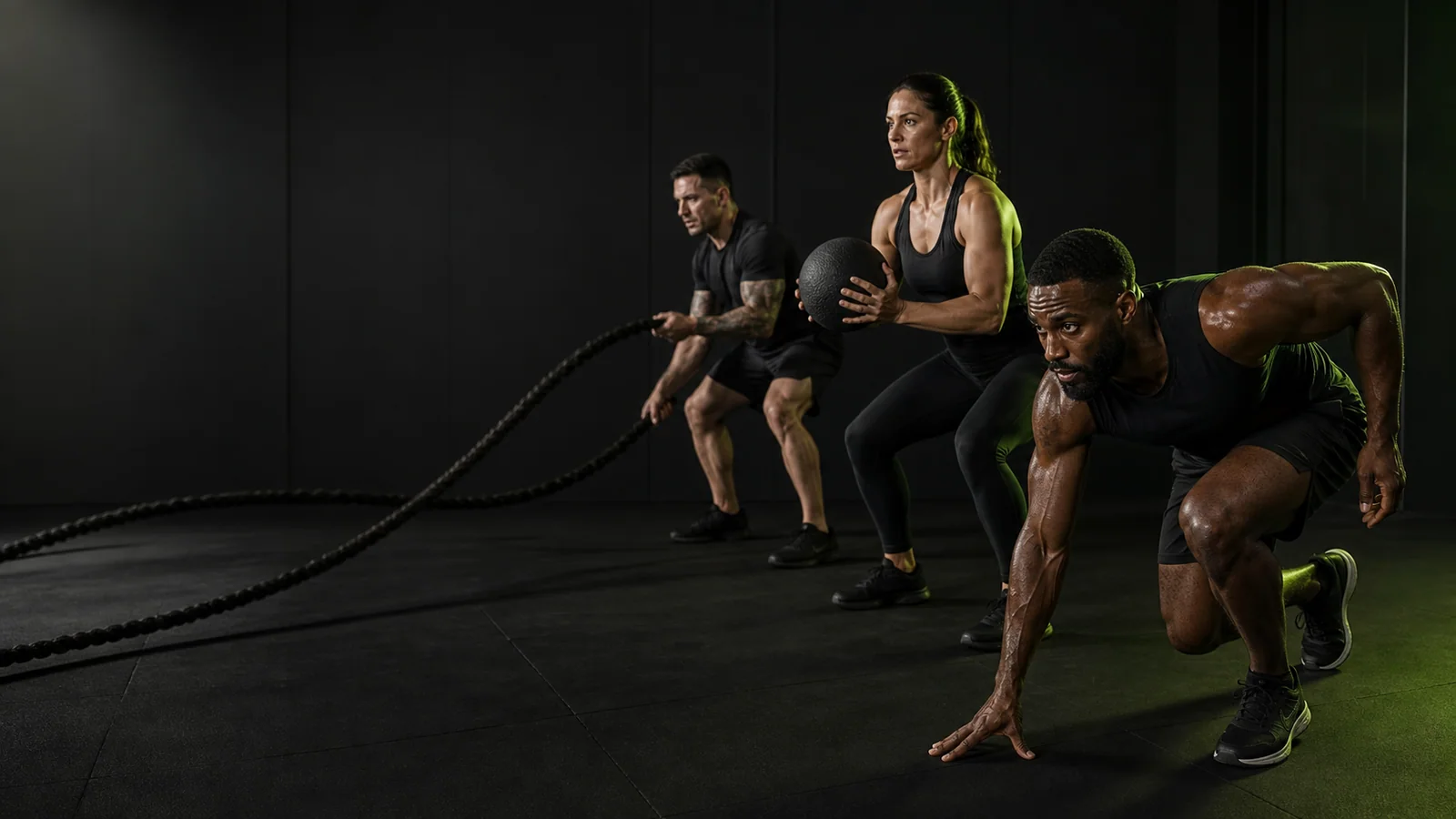 Adult athletes training together in a dark performance studio