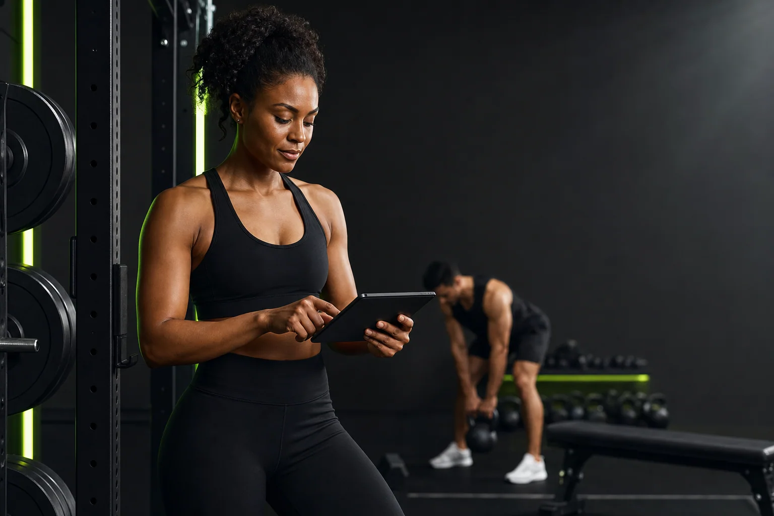Athlete reviewing a structured workout beside a strength rack