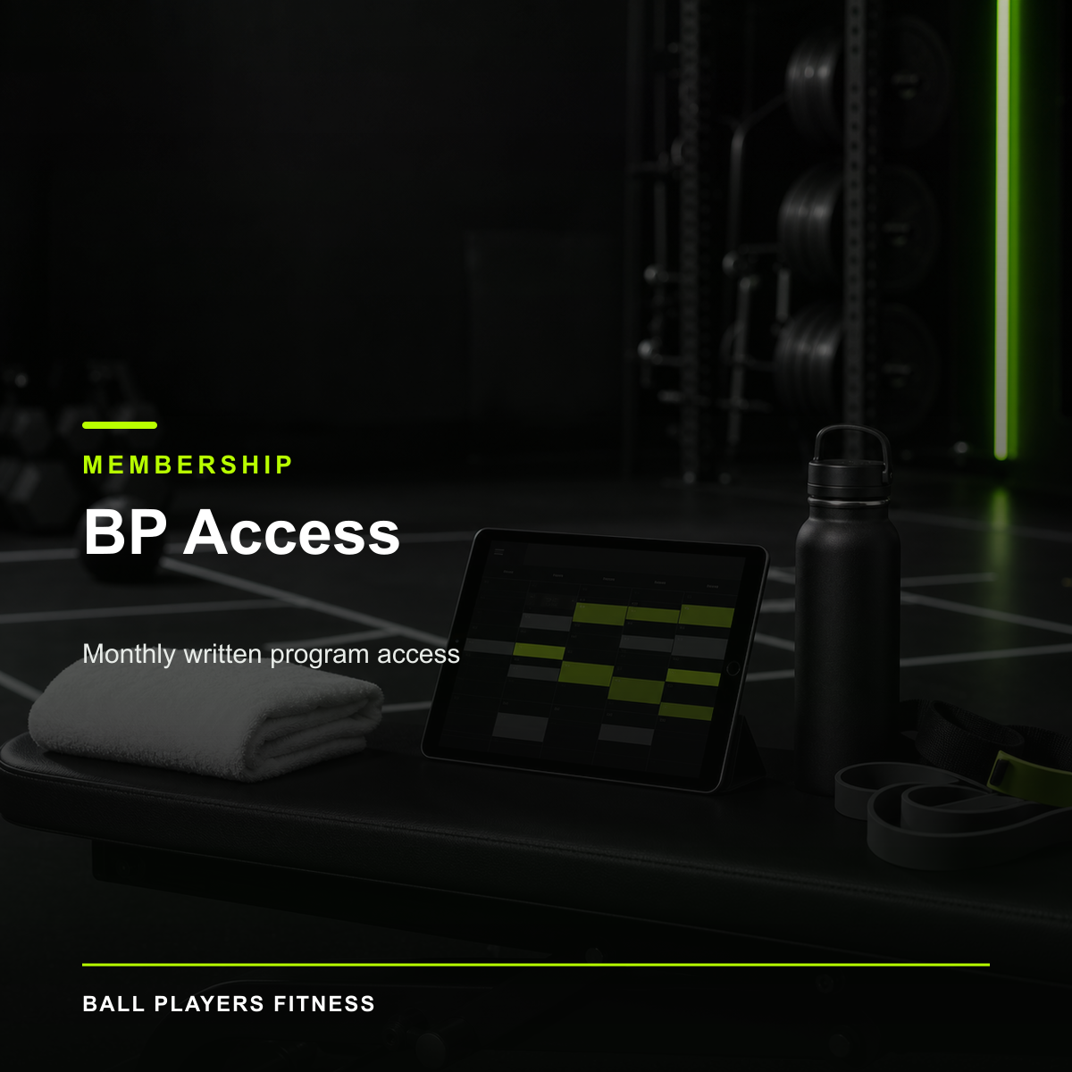 BP Access digital product cover in the Ball Players Fitness black, white, and lime visual system