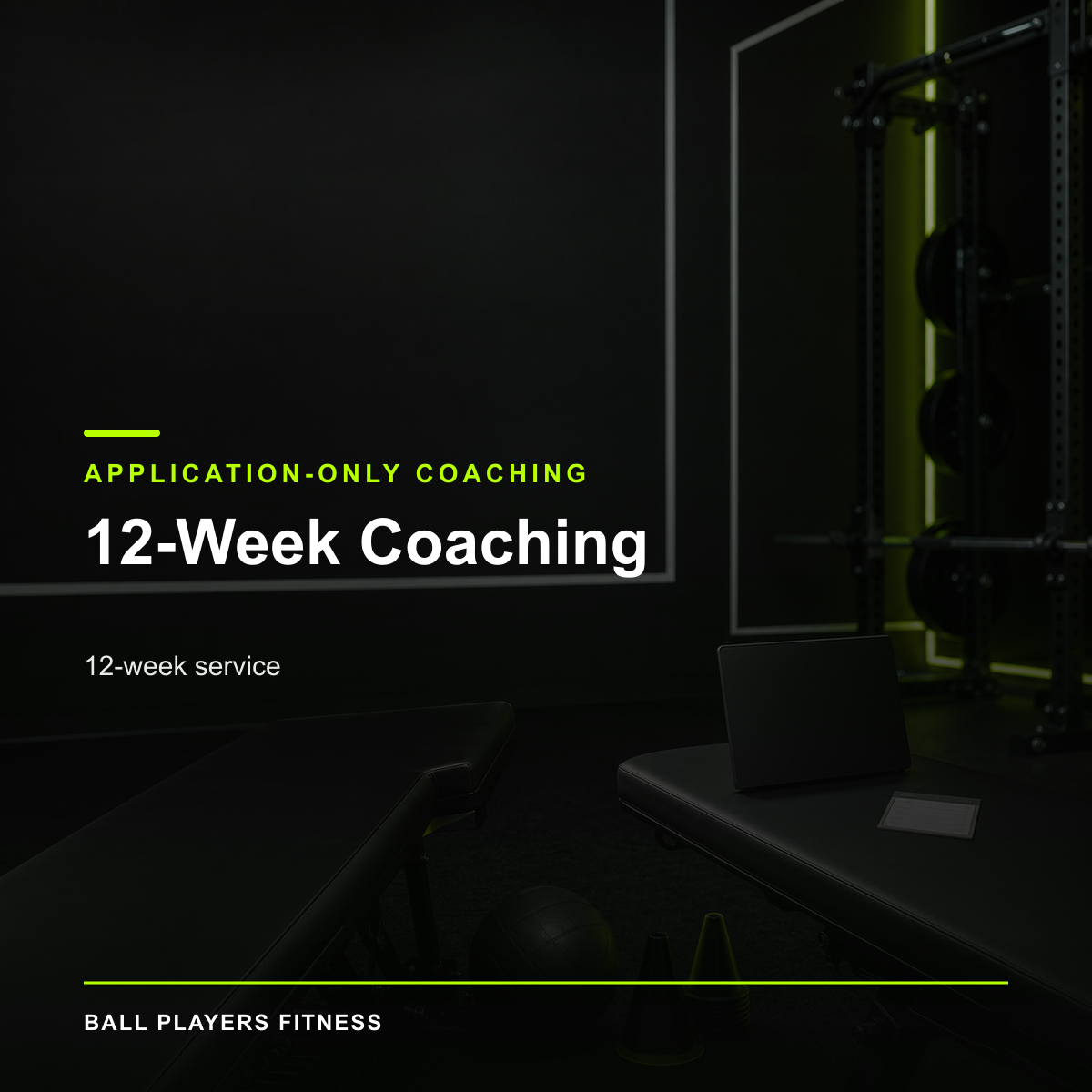 12-Week Online Accountability Coaching digital product cover in the Ball Players Fitness black, white, and lime visual system