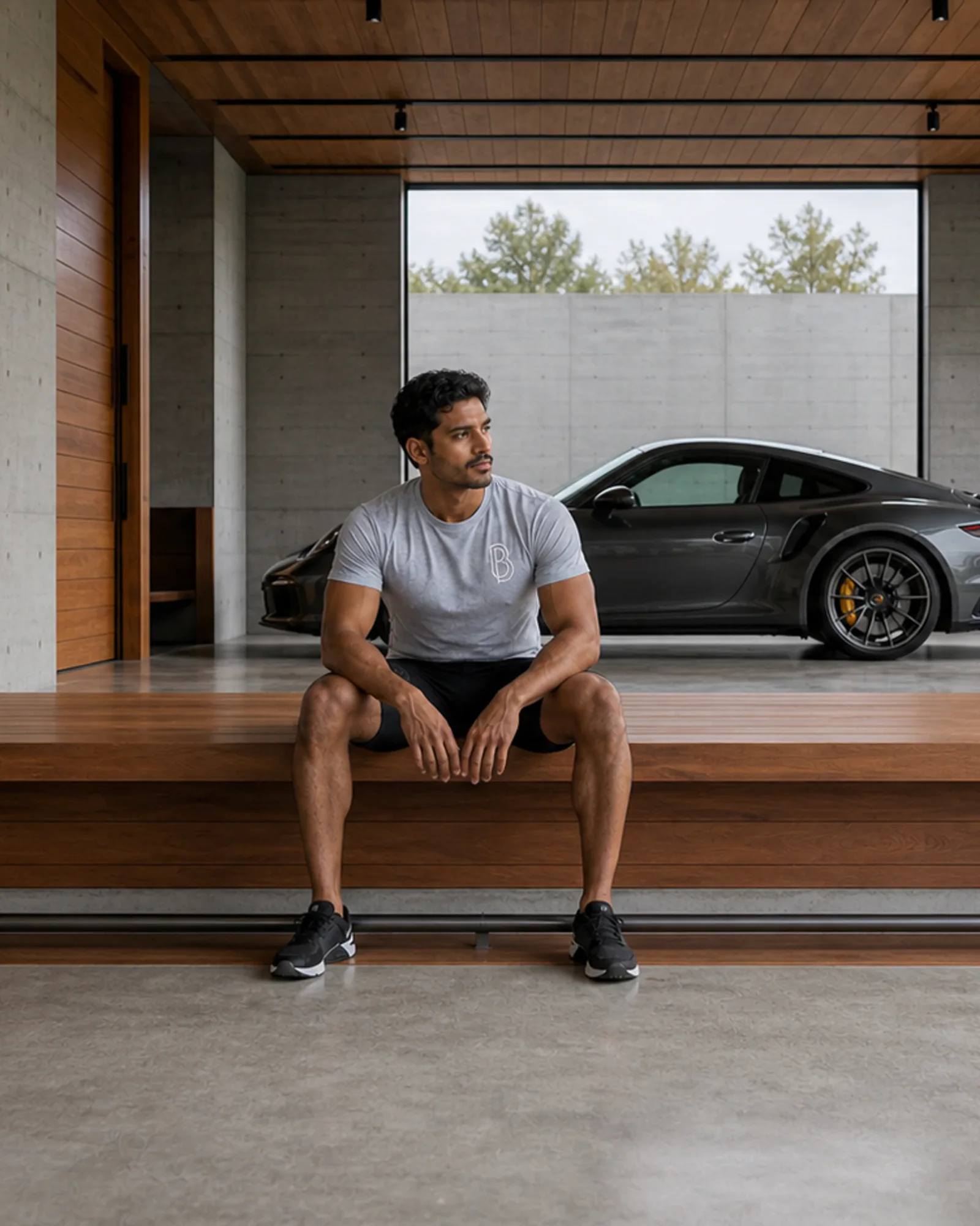 A man wears a gray Ball Players performance T-shirt while seated in a cedar-and-concrete private garage with a stationary gray sports car.