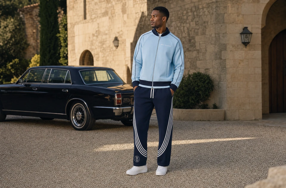 An African American man models a sky-blue Ball Players track jacket and royal-blue striped pants beside a vintage car.